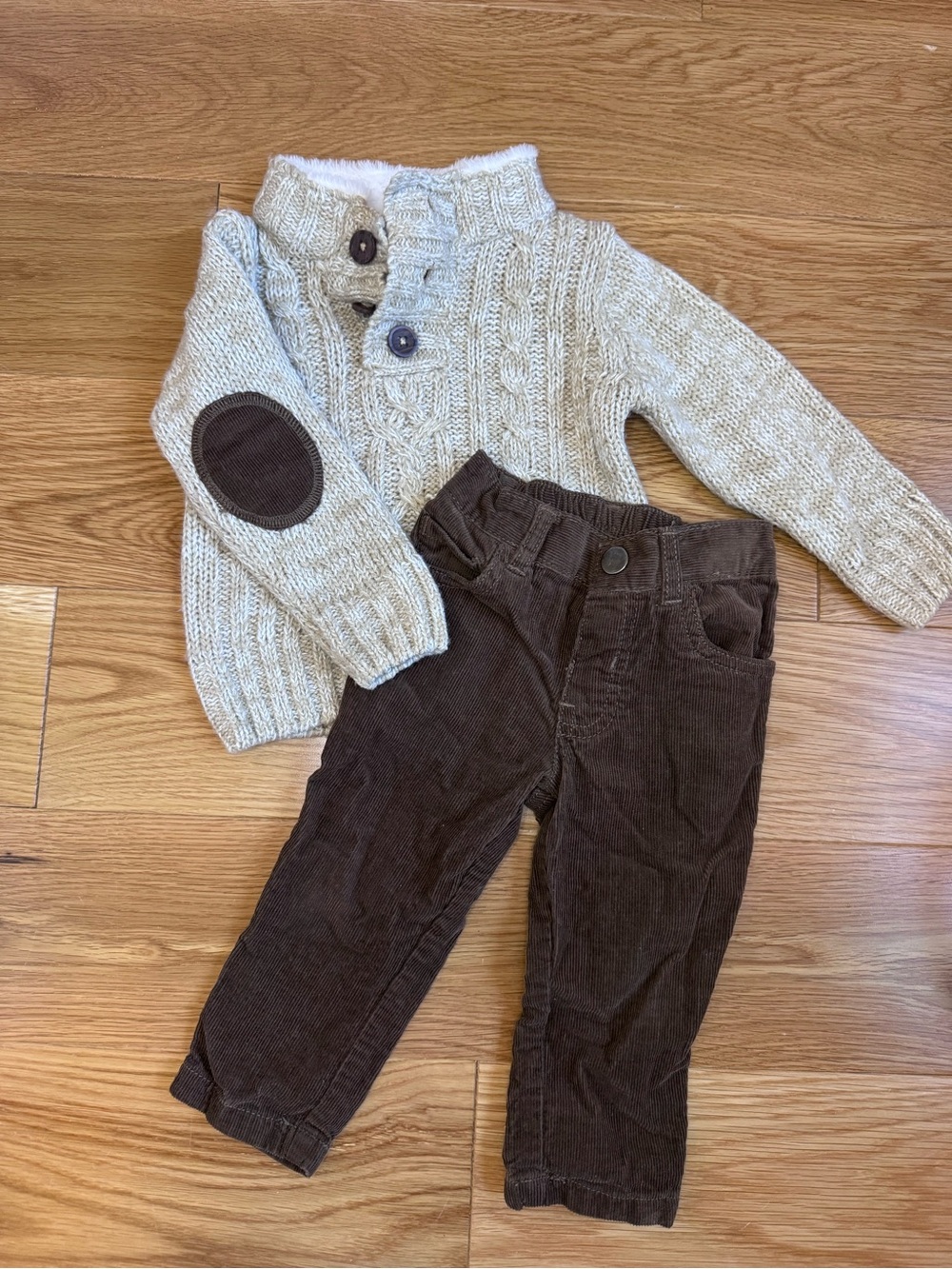 Neutral Cable-Knit Sweater Set with Matching Brown Corduroy Pants